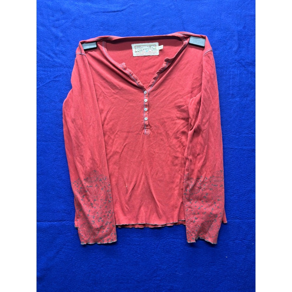 Boho Womens Aventura Organic Cotton Henley Top XL Coral Red Long Sleeve